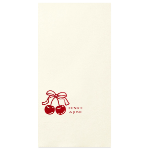 There's nothing sweeter than our Cherry Bow Names Napkin for your next party event! Featuring a duo of cherries tied together by a bow, the design is as cute as you and your lover. Customize the text to make it extra special at your next momentous occasion, be it an engagement, wedding, anniversary or any other celebration of love.