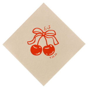 Pair your next special occasion with the Cherry Bow Initials Napkin! The two cherries are tied together by a bow, reflecting the partnership of you and your sweetheart. Customize the text to make it extra special at your next momentous occasion, be it an engagement, wedding, anniversary or any other celebration of love.