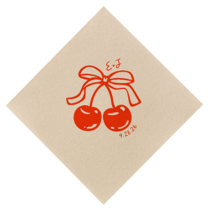 Pair your next special occasion with the Cherry Bow Initials Napkin! The two cherries are tied together by a bow, reflecting the partnership of you and your sweetheart. Customize the text to make it extra special at your next momentous occasion, be it an engagement, wedding, anniversary or any other celebration of love.