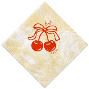 Pair your next special occasion with the Cherry Bow Initials Napkin! The two cherries are tied together by a bow, reflecting the partnership of you and your sweetheart. Customize the text to make it extra special at your next momentous occasion, be it an engagement, wedding, anniversary or any other celebration of love.