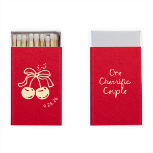 Cheeriness is palatable with the Cherry Couple Matchbox! The cute design of two cherries interlocked with a bow is customizable in a variety of colors and match styles to best express your sweet sentiments. Perfect for weddings, engagements, valentines or as mementos, the stylish product is sure to be a sweet addition.