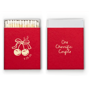 Cheeriness is palatable with the Cherry Couple Matchbox! The cute design of two cherries interlocked with a bow is customizable in a variety of colors and match styles to best express your sweet sentiments. Perfect for weddings, engagements, valentines or as mementos, the stylish product is sure to be a sweet addition.