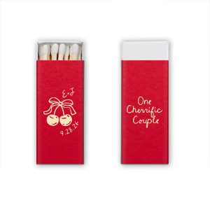 Cheeriness is palatable with the Cherry Couple Matchbox! The cute design of two cherries interlocked with a bow is customizable in a variety of colors and match styles to best express your sweet sentiments. Perfect for weddings, engagements, valentines or as mementos, the stylish product is sure to be a sweet addition.