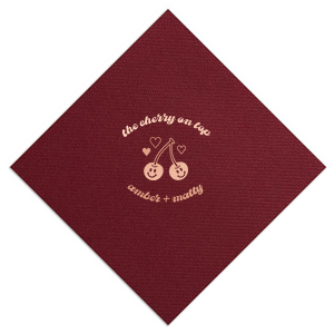 Your next event is sure to be special with the Cherry On Top Napkin! The cute and stylish napkin features a cheery pair of cherries and is customizable in a variety of styles and colors to best match your lovely function. 