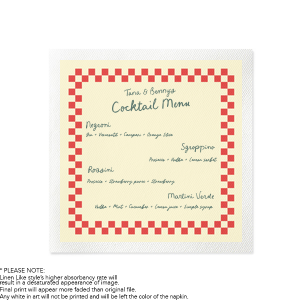 Set the table for an unforgettable dining experience with the Pizza Parlor Menu Photo Napkin. The full color photo napkin features customizable text to create a personalized menu of your event's catering, making them perfect for engagements, weddings or personal parties. 