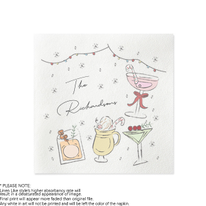 Celebrate together with your loved ones with the Party Time Family Name Full Color Napkin. The color ink printed napkin is perfect for any number of party events, from festive get-togethers, family reunions or momentous anniversaries. Featuring an assortment of party drinks under twinkling lights, the stylish and functional napkins are easily customizable to make it as unique as your family.