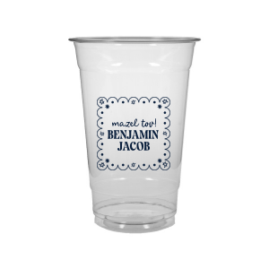 Mazel Tov to momentous occasions with the Star of David Frame Cup! The stylish design features a scalloped frame around Stars of David and customizable text printed on your choice of cup style. Perfect for toasting with loved ones and new friends.