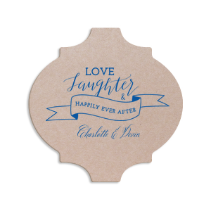 ForYourParty's personalized Eggshell Scallop Coaster with Satin Copper Penny Foil has a Love Laughter Banner graphic and is good for use in Words, Wedding, Bridal Shower themed parties and will add that special attention to detail that cannot be overlooked.