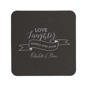 ForYourParty's personalized Eggshell Scallop Coaster with Satin Copper Penny Foil has a Love Laughter Banner graphic and is good for use in Words, Wedding, Bridal Shower themed parties and will add that special attention to detail that cannot be overlooked.