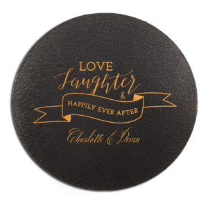 ForYourParty's personalized Eggshell Scallop Coaster with Satin Copper Penny Foil has a Love Laughter Banner graphic and is good for use in Words, Wedding, Bridal Shower themed parties and will add that special attention to detail that cannot be overlooked.