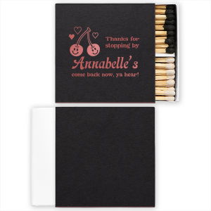 The Retro Cherry Thanks For Stopping By Matchbook is decorated with playful white hearts and smiling cherry illustrations. Delight your guests with this charming, personalized keepsake that includes a friendly "thanks for stopping by" message with a twang. This favor is perfect for casual birthday parties and summer reunions.