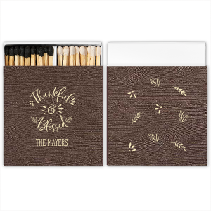 Celebrate the season of gratitude with the Thankful and Blessed Matchbox. The front features an exuberant declaration of “Thankful and Blessed,” along with your family name, capturing genuine joy. The reverse showcases autumnal leaves, embodying the warmth and thankfulness of the fall season.