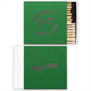 This custom Bespoke Logo Initials Stamp Wedding Match features a vibrant arched typography design and elegant cursive initials for a modern look, featuring your initials, names, and dates! Commemorate your special day by gifting these personalized keepsakes that guests will cherish long after the celebration. They are perfect for summer weddings or engagement parties.