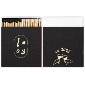 The Sunburst Initial & Toasting Glass Matchbox features sunburst icons and elegant crest illustrations with an “established” text detail. Commemorate your milestone by customizing the established date and initials for a truly personal party favor. Excellent for wedding receptions and galas!