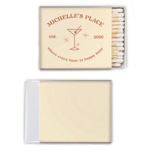 This Retro Martini Where Every Hour Is Happy Hour custom matchbox favor features mid-century cocktail art, a sleek martini glass illustration, and a playful phrase with an establishing date. Delight guests with a keepsake they’ll actually use. Perfect for anniversaries or milestone celebrations.