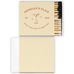 This Retro Martini Where Every Hour Is Happy Hour custom matchbox favor features mid-century cocktail art, a sleek martini glass illustration, and a playful phrase with an establishing date. Delight guests with a keepsake they’ll actually use. Perfect for anniversaries or milestone celebrations.