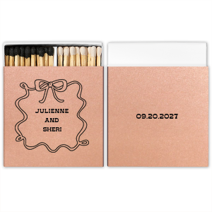 Illuminate your special occasion with the Bows and Vows Frame Matchbook, elegantly presenting the couple's names surrounded by a sophisticated bow and ribbon frame. A stunning keepsake for weddings, engagement parties, or anniversaries.
