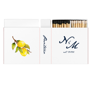 The Classic Italian Wedding Lemon Custom Photo Matchbox features elegant script initials with an established year and a vibrant fruit branch illustration. Choose it to add a fresh, refined detail to your reception décor. Perfect for weddings or Mediterranean-inspired celebrations.