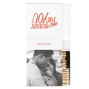 ForYourParty's chic White Classic Custom Photo Matchbox with Matte Blush Ink Digital Print Colors and Matte Poppy Ink Digital Print Colors has a Burning For You graphic and a Burning For You graphic and is good for use in Words, Calligraphy, Wedding themed parties and will make your guests swoon. Personalize your party's theme today.