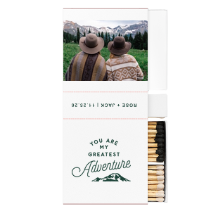 ForYourParty's chic White Classic Custom Photo Matchbox with Matte Spruce Ink Digital Print Colors and Matte Navy Ink Digital Print Colors has a Greatest Adventure graphic and is good for use in Wedding, Travel, Words themed parties and will look fabulous with your unique touch. Your guests will agree!
