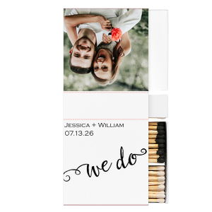 The ever-popular White Classic Custom Photo Matchbox with Matte Black Ink Digital Print Colors and Matte Fuchsia Ink Digital Print Colors has a We Do 3 graphic and is good for use in Wedding, Words themed parties and will add that special attention to detail that cannot be overlooked.