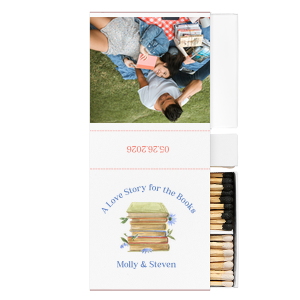 Ignite the magic of your love narrative with the Love Story Book Stack Matches, adorned with "A Love Story for the Books" above an illustrative stack of books blooming with flowers. Personalize with the couple's names beneath the image, and choose a special photo for the reverse side. The spine of the matchbook elegantly presents the date, creating a memorable token of your special day.