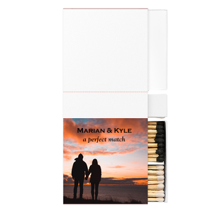 Our beautiful custom White Classic Custom Photo Matchbox with Matte Black Ink Digital Print Colors and Matte Fuchsia Ink Digital Print Colors will impress guests like no other. Make this party unforgettable.