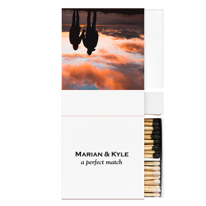 Our beautiful custom White Classic Custom Photo Matchbox with Matte Black Ink Digital Print Colors and Matte Fuchsia Ink Digital Print Colors will impress guests like no other. Make this party unforgettable.