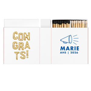 Our custom White Classic Custom Photo Matchbox with Matte Royal Blue Ink Digital Print Colors has a Megaphone graphic and is good for use in Kid Birthday, Graduation, Sports themed parties and will give your party the personalized touch every host desires.