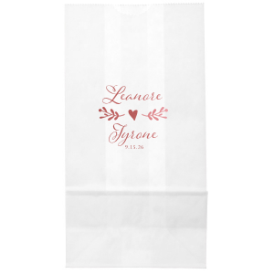Cherish the union of love with the Heartfelt Wedding Fancy Script Names Bag. It beautifully showcases the couple’s names in sweet, fancy script, united by a whimsical bough culminating in a central heart. Below, the event date adds a final touch, symbolizing the joining of two lives into one heartfelt journey.