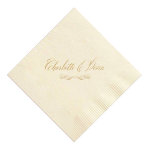 The Classic Script Royal Flourish Napkin embodies royal elegance with its scrolling script, beautifully showcasing the couple’s names. Accented by a sophisticated flourish, this design conveys a sense of majestic simplicity, ideal for adding a regal touch to any distinguished event or celebration.