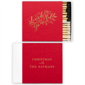 Light up your holiday gatherings with the The Most Wonderful Time Holiday Matchbox, featuring a chorus of festive fonts and evergreen boughs. 'Wonderful' takes center stage, with room to add your family name, sparking joy in every flicker.
