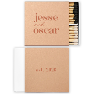 This Hinterland Honeymoon Minimal Matchbox features modern lowercase typography with an “est.” year detail for a sleek, contemporary statement. Customize yours to add a stylish finishing touch to your reception décor. Fitting for wedding celebrations or rehearsal dinner favors.