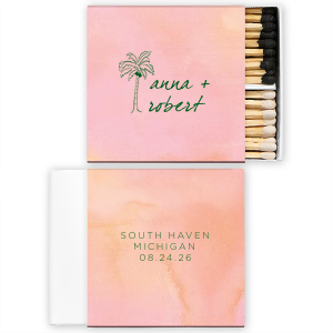 Dive into a tropical paradise with the Palm Tree Tropical Love Wedding Match, where an artistic palm tree graphic sways beside the couple's names in elegant, breezy script. Flip it, and discover the event's locale and date, perfectly capturing the essence of a sun-kissed, seaside celebration.