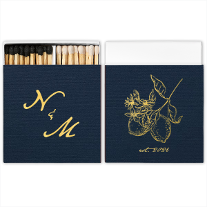 The Initials Lemon Match features elegant initials on one side and a detailed fruit branch illustration with an established year on the other. Choose it to add a refined, artistic touch to your reception tables. Excellent for weddings or garden-inspired celebrations.
