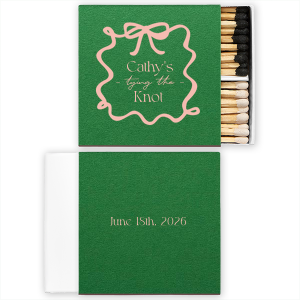 Light the way to wedded bliss with the Ribbon Bridal Shower Matchbook, featuring the bride's name and "Tying the Knot" encased in a looping ribbon frame with a bow, in a sleek script. The reverse side, perfect for commemorating the date, adds a personalized touch to this elegant shower favor.