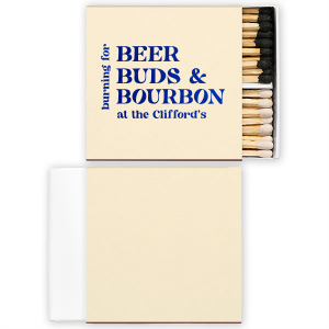 The Beer Buds & Bourbon Matches features stacked lettering and playful phrasing inspired by drinks. Grab one to add humor and warmth to your hosting essentials. Perfect for game nights, or casual gatherings.