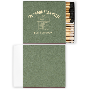 The Hotel Check Out Matches features a charming manor illustration and whimsical text requesting an early departure. Spark a conversation among your guests with this witty and memorable keepsake for your home or event. It’s perfect for housewarming parties or boutique hotel stays.