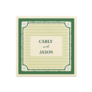 Ring in the spring with the Green Field Photo Napkin. The full color ink printed design evokes greenery and pastoral comfort, featuring a boxed frame and horizontal lines surrounding customizable test. Perfect for springtime gatherings, family events or yearly engagements, personalize the design to match your next special occasion. 