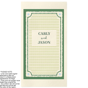 Ring in the spring with the Green Field Photo Napkin. The full color ink printed design evokes greenery and pastoral comfort, featuring a boxed frame and horizontal lines surrounding customizable test. Perfect for springtime gatherings, family events or yearly engagements, personalize the design to match your next special occasion. 