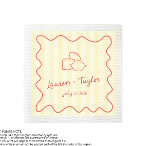Bring a little zest to your next party with the Lemon Stripes Photo Napkin. The bright design is ink printed in full color to pop! at any function. Perfect for summer or springtime events, engagements, bridal showers or birthday parties, they are sure to leave a lasting impression on your guests.