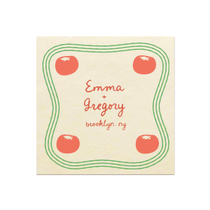 Show off your impeccable tastes with the Heirloom Tomato Full Color Napkin at your next party event. The elegant and tasteful design features a curving border around four red tomatoes with customizable text in the center. Perfect for warm weather occasions such as engagements, bridal showers, birthdays or home entertainment. 