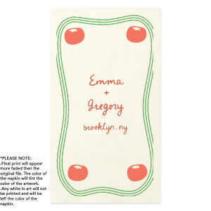 Show off your impeccable tastes with the Heirloom Tomato Full Color Napkin at your next party event. The elegant and tasteful design features a curving border around four red tomatoes with customizable text in the center. Perfect for warm weather occasions such as engagements, bridal showers, birthdays or home entertainment. 