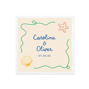 The Seaside Shell & Star Photo Napkin is a fresh design perfect for engagements, bridal showers, birthday or nearly any other special occasion. The ink printed full color photo features a colorful duo of a sea shell and starfish with green ribbon border that evokes a seaside beach in the summertime. 