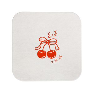 Pair your next special occasion with the Cherry Bow Initials Coaster! The two cherries are tied together by a bow, reflecting the partnership of you and your sweetheart. Customize the text to make it extra special at your next momentous occasion, be it an engagement, wedding, anniversary or any other celebration of love.