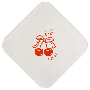 Pair your next special occasion with the Cherry Bow Initials Coaster! The two cherries are tied together by a bow, reflecting the partnership of you and your sweetheart. Customize the text to make it extra special at your next momentous occasion, be it an engagement, wedding, anniversary or any other celebration of love.
