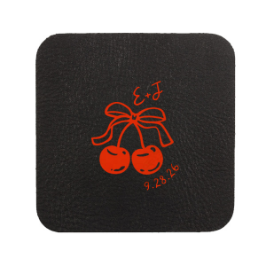 Pair your next special occasion with the Cherry Bow Initials Coaster! The two cherries are tied together by a bow, reflecting the partnership of you and your sweetheart. Customize the text to make it extra special at your next momentous occasion, be it an engagement, wedding, anniversary or any other celebration of love.