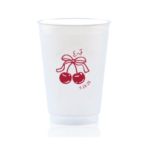 Raise a glass at your next special event with the Cherry Bow Initials Cup! The two cherries are tied together by a bow, reflecting the partnership of you and your sweetheart. Customize the text to make it extra special at your next momentous occasion, be it an engagement, wedding, anniversary or any other celebration of love.