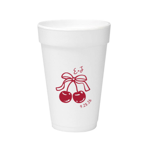 Raise a glass at your next special event with the Cherry Bow Initials Cup! The two cherries are tied together by a bow, reflecting the partnership of you and your sweetheart. Customize the text to make it extra special at your next momentous occasion, be it an engagement, wedding, anniversary or any other celebration of love.