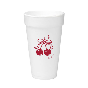 Raise a glass at your next special event with the Cherry Bow Initials Cup! The two cherries are tied together by a bow, reflecting the partnership of you and your sweetheart. Customize the text to make it extra special at your next momentous occasion, be it an engagement, wedding, anniversary or any other celebration of love.